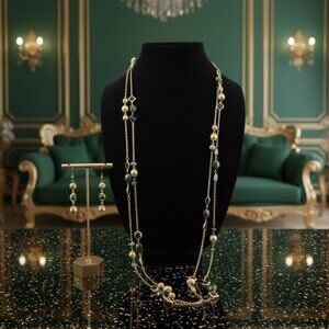 Premier Designs Gold & Emerald Green long necklace & Earring set
